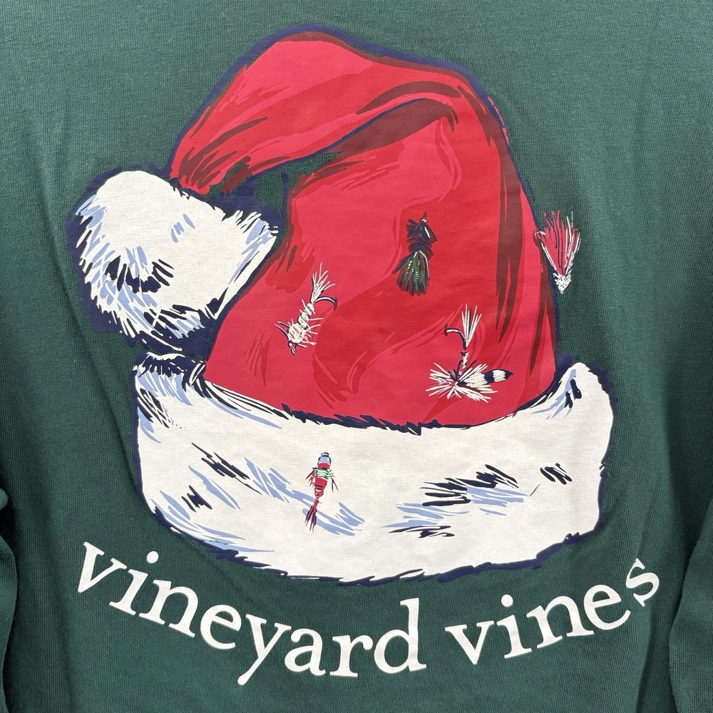 Vineyard Vines Shirt Mens XS Green Pocket Tee Christmas Santa Fly Flishing Lures